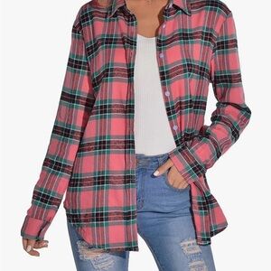 Women’s Soft Flannel Button-Up Shirt - Pink & Green, Sz M NWT